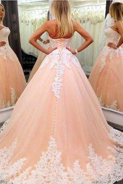 Prom Dress,modest Prom Dress,white Lace Appliques Sweetheart Tulle Ball Gowns Quinceanera Dresses 2017 Elegant Coral Prom Dress