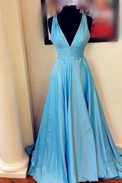 Prom Dress,modest Prom Dress,long V Neck Satin Ball Gowns Evening Dresses 2017 Simple Sky Blue Prom Dress