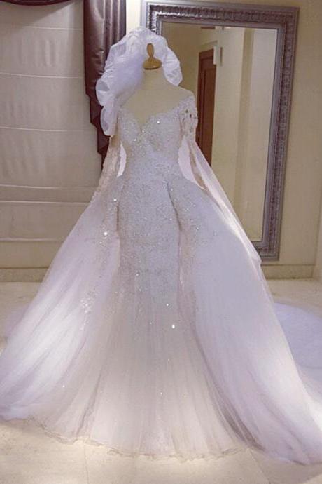 Wedding Dresses, Wedding Gown,long sleeves lace mermaid wedding dresses removable skirt 2017