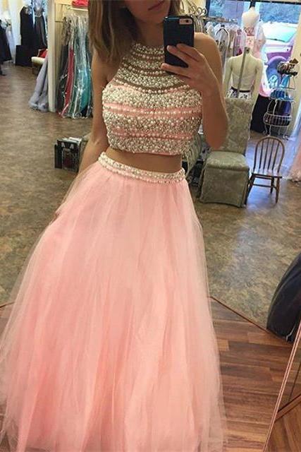 Arrival Prom Dress,modest Prom Dress,long Pink Mermaid Prom Dresses,two Piece Prom Gowns With Pearl Beaded,sexy Prom Dress