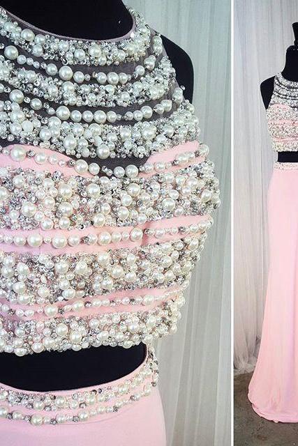 Prom Dress,modest Prom Dress,long Chiffon Pink Mermaid Prom Dresses,two Piece Prom Gowns With Pearl Beaded,sexy Slit Prom Dress