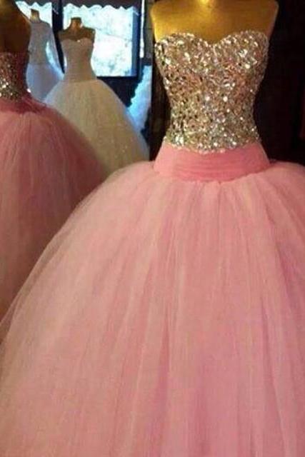 Prom Dress,modest Prom Dress,crystal Beaded Sweetheart Pink Organza Ball Gowns Prom Dress 2017