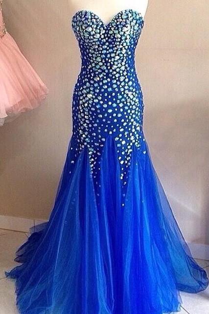 Prom Dress,modest Prom Dress,royal Blue Mermaid Prom Dresses Long Sweetheart Evening Gowns Crystal Beaded 2017