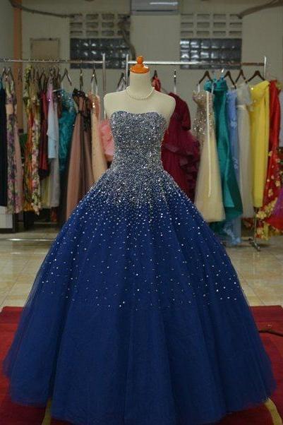 New Arrival Prom Dress,Modest Prom Dress,Sparkly Beaded Sweetheart Navy Blue Ball Gowns Prom Dresses 2017