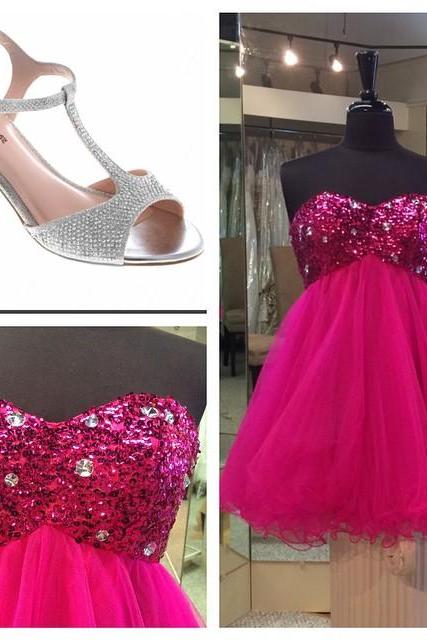 Homecoming Dresses, Pink Sequins Beaded Sweetheart Prom Dresses Short Homecoming Dress 2017
