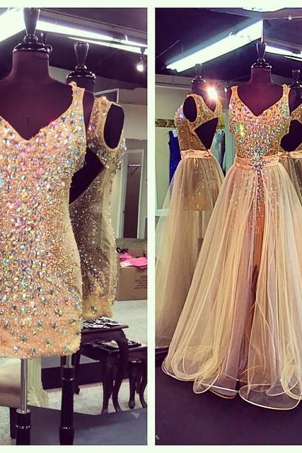 New Arrival Prom Dress,Modest Prom Dress,Crystal Beaded V Neck Champagne Prom Dresses With Detachable Skirts
