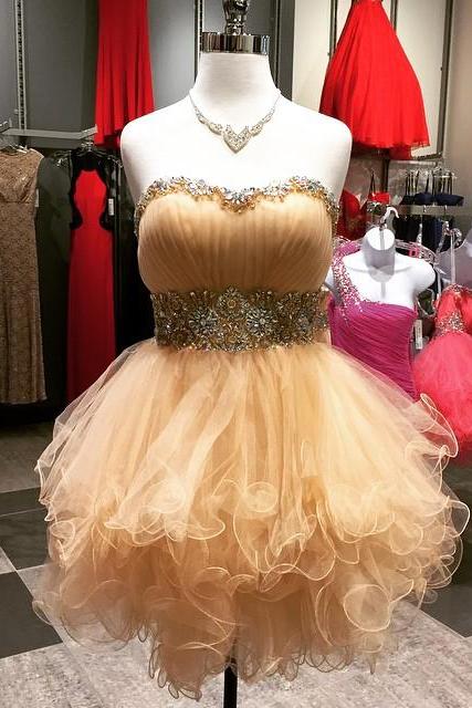 Chic Beaded Sweetheart Organza Ruffles Short Prom Dress Ball Gowns 2017 Homecoming Dresses