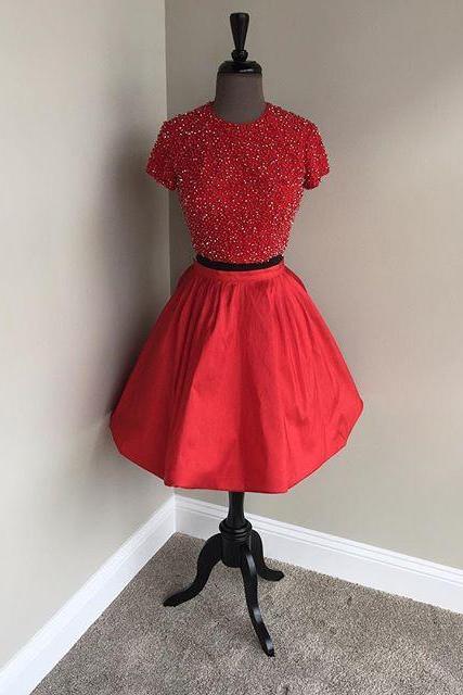 two piece homecoming dresses,short sleeves prom dress,beaded cocktail dress,red homecoming dress,sparkly dress,short prom dress 2017