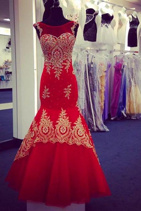 Prom Dress,modest Prom Dress,red Mermaid Evening Dresses Gold Lace Appliques Cap Sleeves Prom Gowns