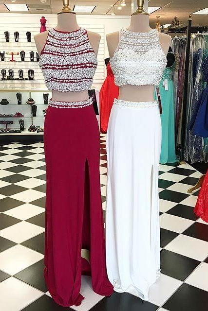 New Arrival Prom Dress,Modest Prom Dress,pearl beaded long chiffon Two Piece Prom Dresses