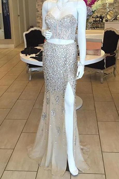 New Arrival Prom Dress,Modest Prom Dress,Two Piece Crystal Mermaid Prom Dresses ,Pageant Evening Gowns Long With Slit
