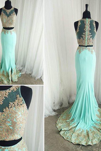 Mint Prom Dresses Gold Lace Appliques Mermaid Formal Evening Gowns Elegant Two Piece Prom Dresses