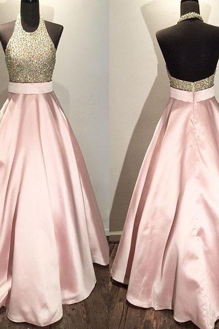 Pink Prom Dresses,halter Prom Dress Open Back,beaded Ball Gowns,women&amp;#039;s Formal Evening Gown Dresses