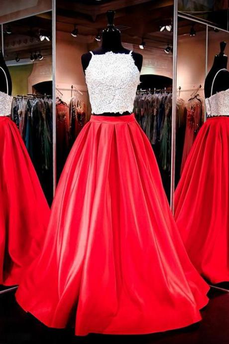 Pretty Prom Dresses,two Piece Prom Dresses,spaghetti Straps Prom Dresses,satin Evening Dresses,red Evening Gowns,modest Prom Dresses