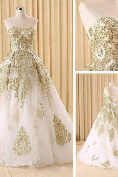 Elegant White and Gold Lace Prom Dresses,Ball Gown Evening Dresses,A-Line Evening Dresses,Sweetheart Long Prom Dresses,Evening Dresses