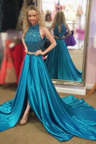 New Arrival Prom Dress,Modest Prom Dress,Pretty Two piece Prom Gowns,Blue Heavy Beading satin Prom Dresses,Sexy Evening Dresses,With Slit Prom Dresses,Sleeveless Evening Dresses