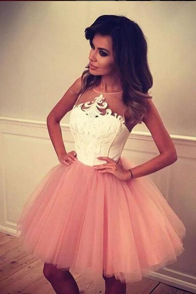 Pink tulle homecoming dress,applique homecoming dresses,short prom dress,cute party dress,women dresses