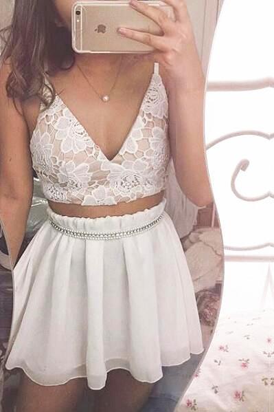two piece homecoming dress,v neck mini dress,a line party dress,lace applique party dress,short prom dress,white mini dress with pearls