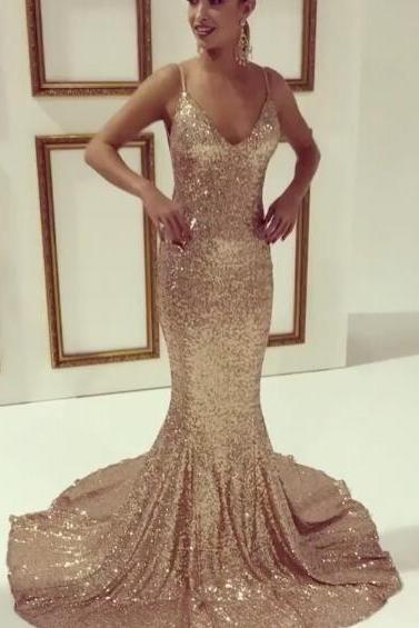 New Arrival Prom Dress,Modest Prom Dress,Sexy Charming Mermaid Prom Dress,Gold Sequins Prom Dress, Spaghetti Strap Evening Dress,V neck Party Gowns,Backless Prom Gowns