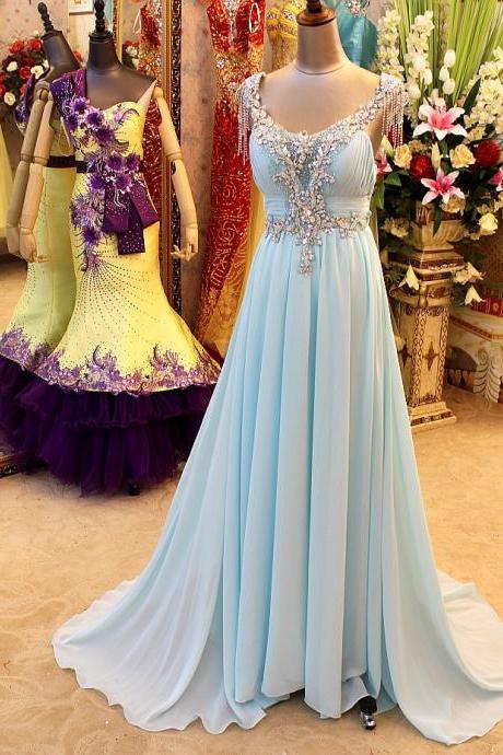 A-Line Backless Blue Evening Dresses V-Neck Crystal Beading Blingbling Prom Gowns