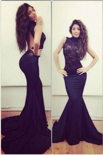 Black Prom Dresses,Modern Sleeveless Mermaid Black Prom Dress Open Back High Neck With Lace