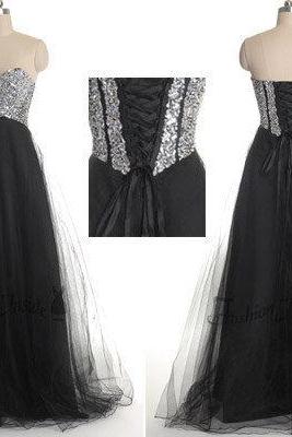 Black Prom Dresses,Glamorous Sweetheart Sleeveless Tulle Prom Dress With Sequins