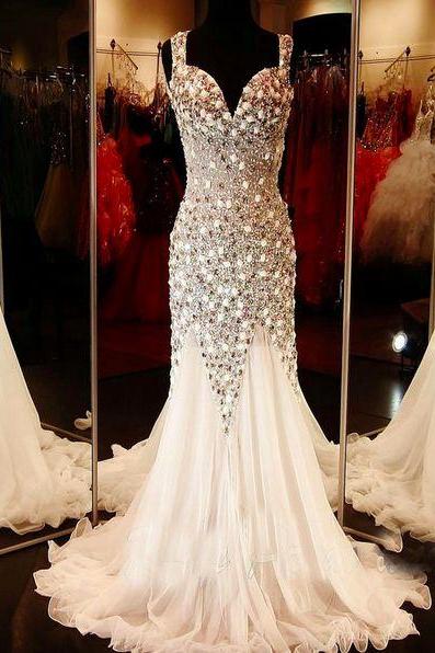 Prom Dresses,Glamorous V-neck Tulle Evening Dress Beadings Crystals Sweep Train Prom Dress