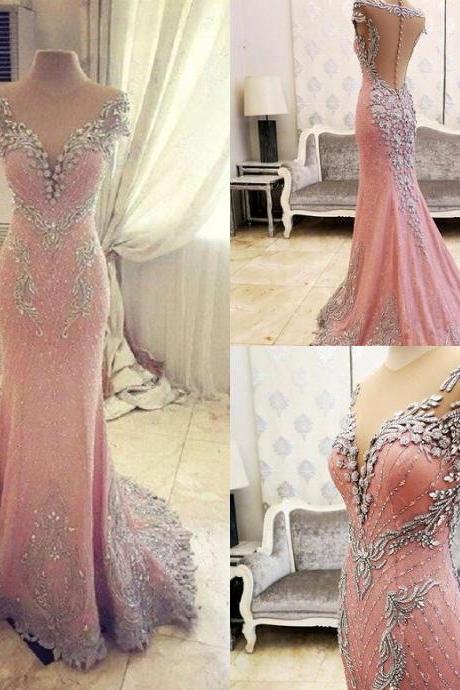 New Arrival Prom Dress,Modest Prom Dress,Luxurious Crystal Pink Mermaid Evening Dress 2017 Zipper Button Back