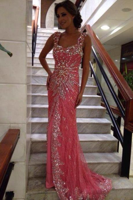 Prom Dresses,Stunning Straps Long 2017 Evening Dresses Floor Length Beadings Crystals Prom Dress