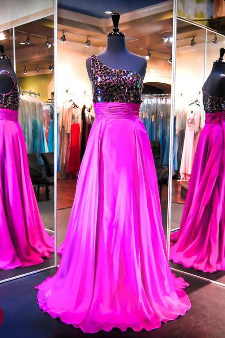 Prom Dress,modest Prom Dress,sexy One Shoulder Crystals Evening Dress 2017 A-line Sweep Train
