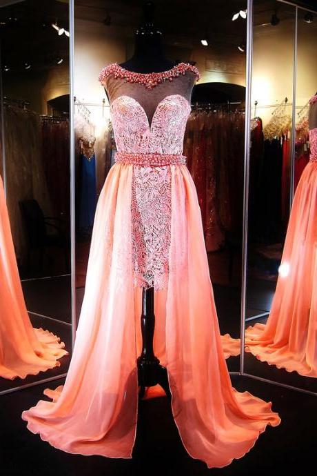 New Arrival Prom Dress,Modest Prom Dress,Gorgeous Hi-Lo Lace Illusion Evening Dress 2017 Beading Sleeveless Prom Dress