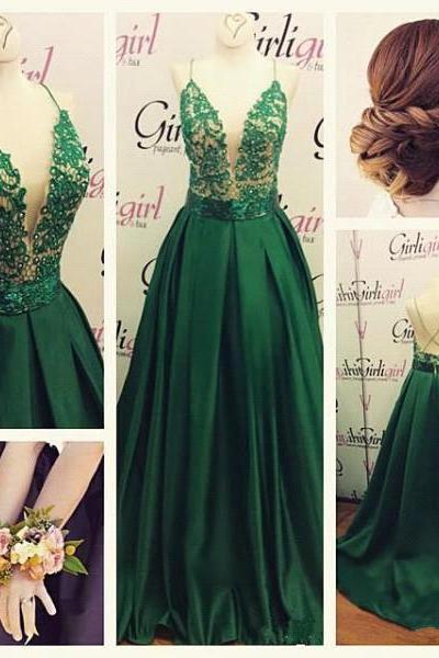 Prom Dresses,Gorgeous Green Spaghetti Straps 2017 Evening Dress Long Lace Appliques
