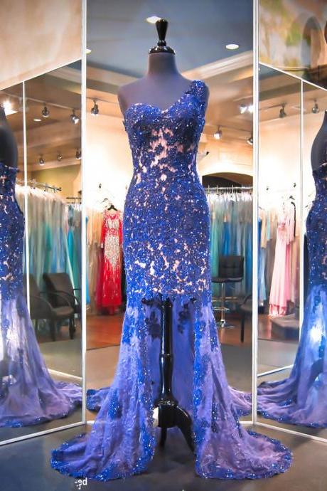 Prom Dresses,gorgeous Lace Appliques Mermaid Evening Dress 2017 Hi-lo One Shoulder Prom Dress