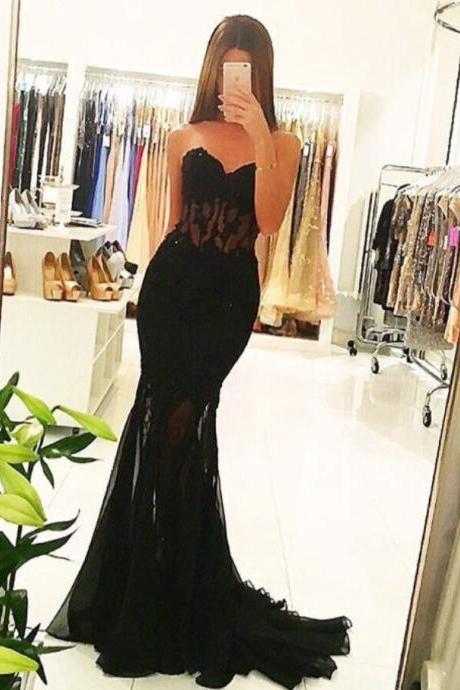 Prom Dresses,Tulle Black Sexy Mermaid Sheer 2017 Long Appliques Evening Dresses