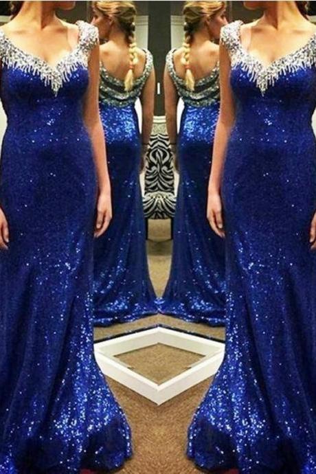 Prom Dresses,New Arrival Sparkly Sheath V-neck Cheap Sequins Blue New Evening Dresses
