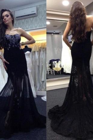 New Prom Dresses,Tulle Mermaid Sexy Applique Long Black Sweetheart Evening Dresses
