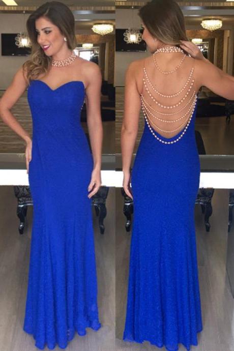 Prom Dresses,2017 Open-Back Mermaid Blue High-Neck Sleeveless Long Evening Dresses