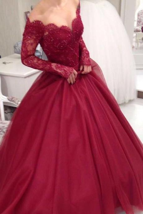Prom Dresses,2017 Ball-gown Princess Lace V-neck Long-sleeves Tulle Off-the-shoulder Elegant Evening Dresses