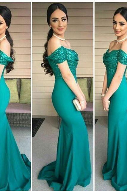 Prom Dresses,Sexy Dark-Green Sequins-Top Off-the-Shoulder Mermaid Evening Gowns