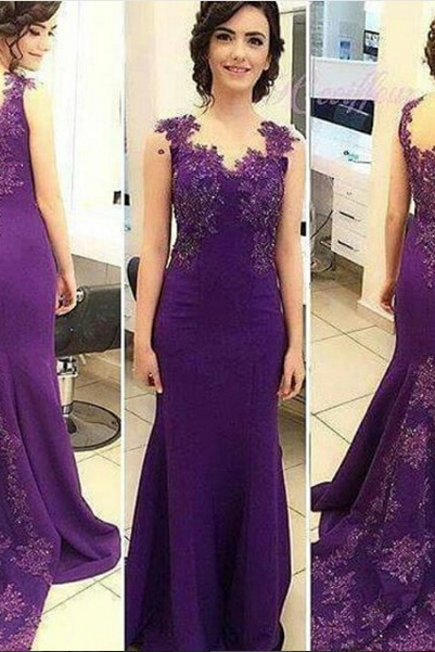 Prom Dresses,Sexy Lace-Appliques Sleeveless Long Purple Mermaid Evening Gowns