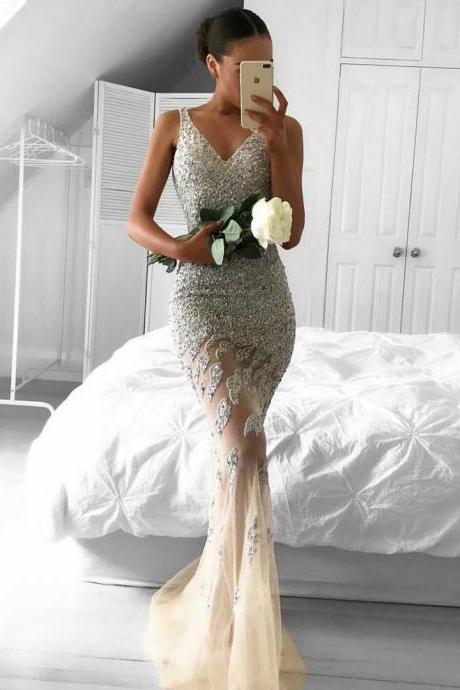 Prom Dresses,2017 Lace-Appliques Beads Sleeveless Straps Tulle Gorgeous Mermaid Evening Dress