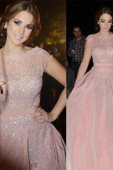Charming Prom Dress,Pink Cap-Sleeve Charming Diamonds Evening Dress