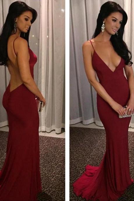 Prom Dresses,Sexy Burgundy V-neck Prom Dresses 2016 Mermaid Long Evening Party Gown