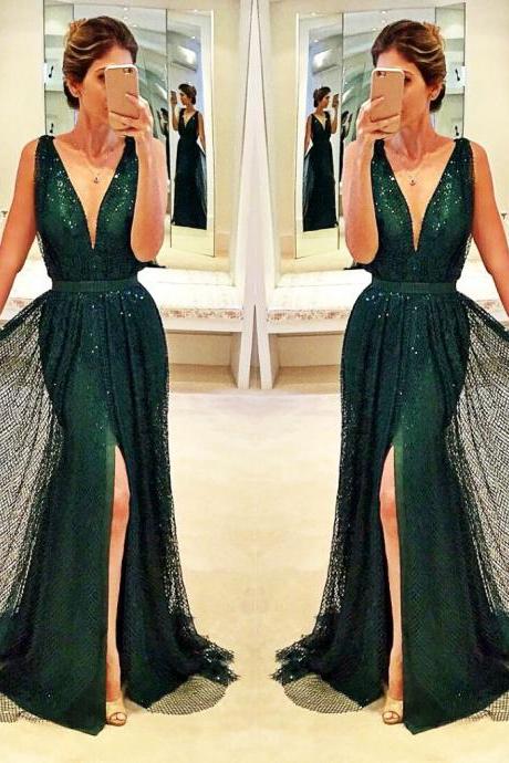 Prom Dresses,Sleeveless V-Neck Front-Split Sexy Sequined Dark-Green Prom Dress