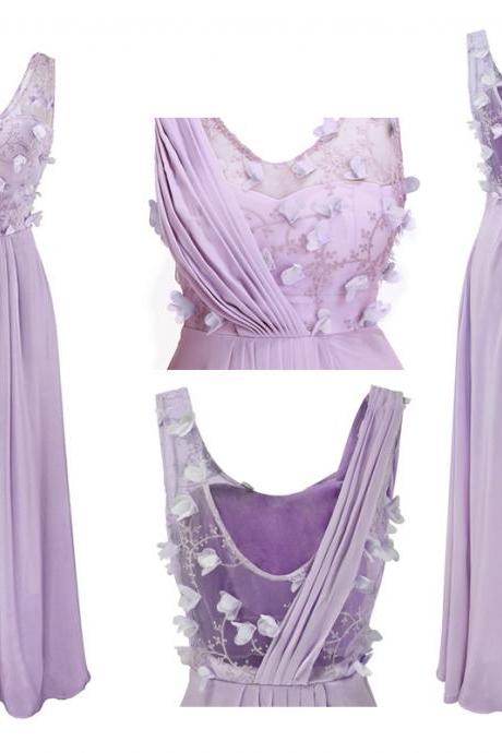 Prom Gown,lilac Sleeveless A-line Long Chiffon Bridesmaid Dress With Floral Appliques