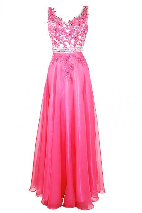 Prom Gown,pretty A-line V-neck Long Chiffon Lace Prom Dress With Rhinestone