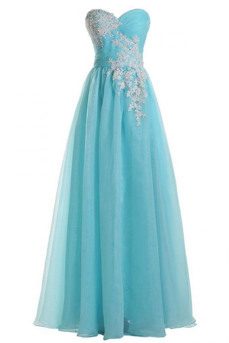 Prom Gown,pretty Sweetheart A-line Floor Length Tulle Blue Prom Dress With Applique