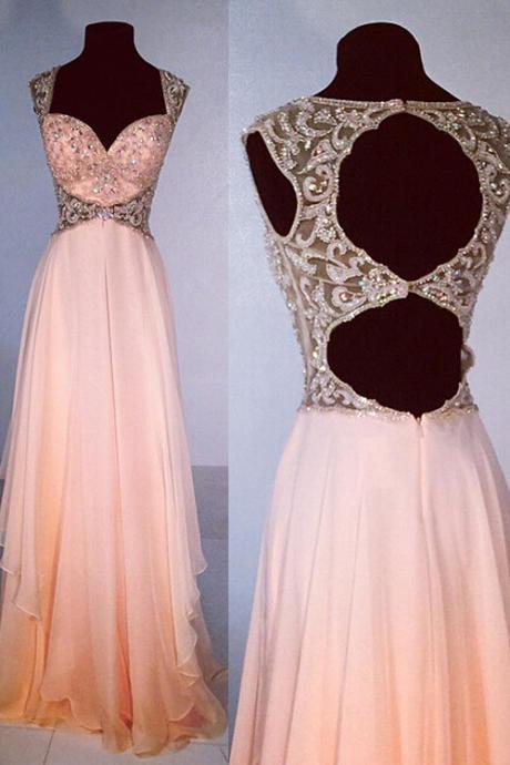 cheap prom dress,Exquisite V-neck A-line Floor Length Chiffon Peach Prom Dress Beading