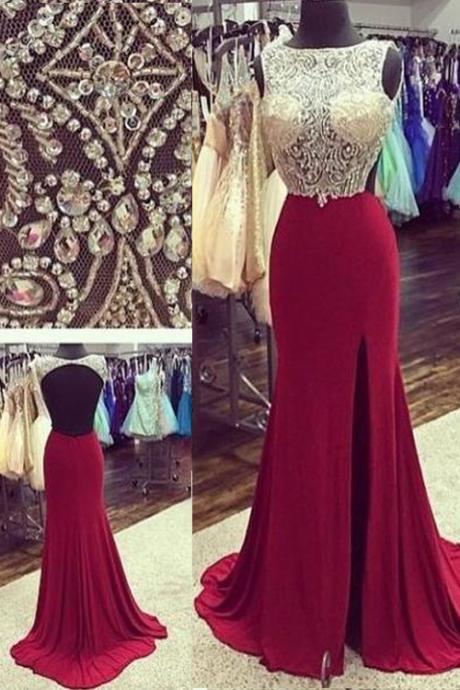 Sexy Scoop Chiffon Backless Burgundy Long Prom/evening Dress With Beading