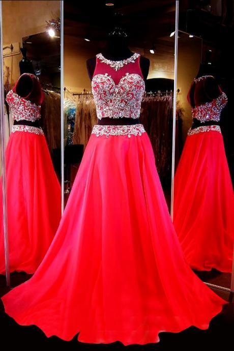 Generous Two-piece Scoop Sleeveless Red Chiffon Sweep Train Prom Dress With Beading